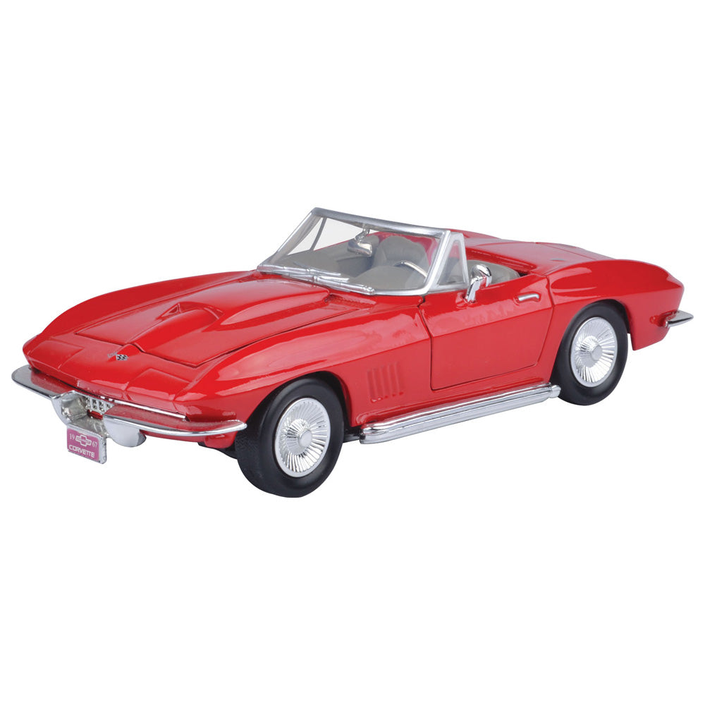 Diecast model of a red 1967 Corvette shown on a white background