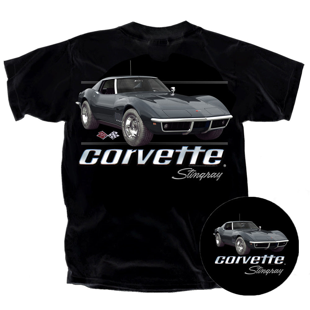 Black t-shirt with a Corvette Stingray graphic on the back on a white background