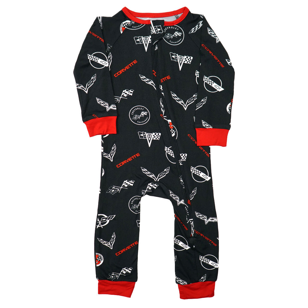 A black infant romper with an all over Corvette emblem print shown on a white background