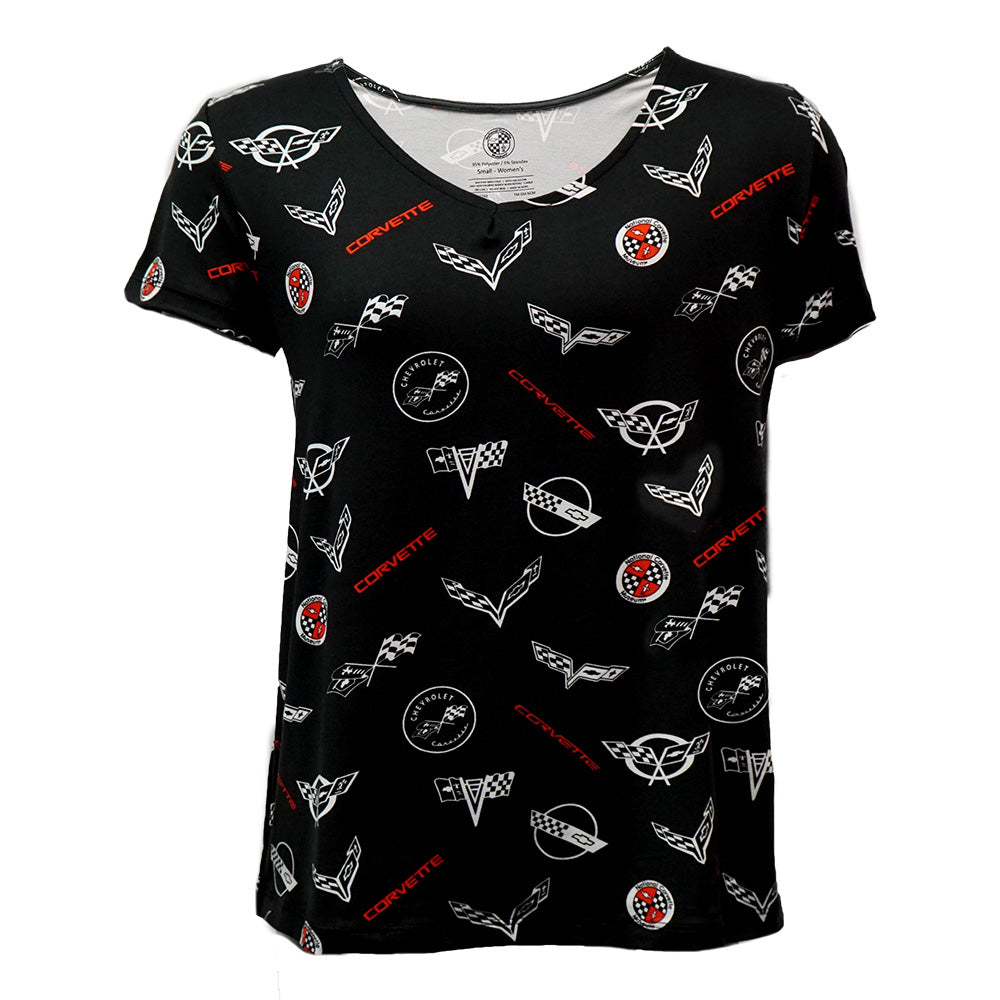Women's Corvette lounge top in black with an all over Corvette emblems print shown on a white background