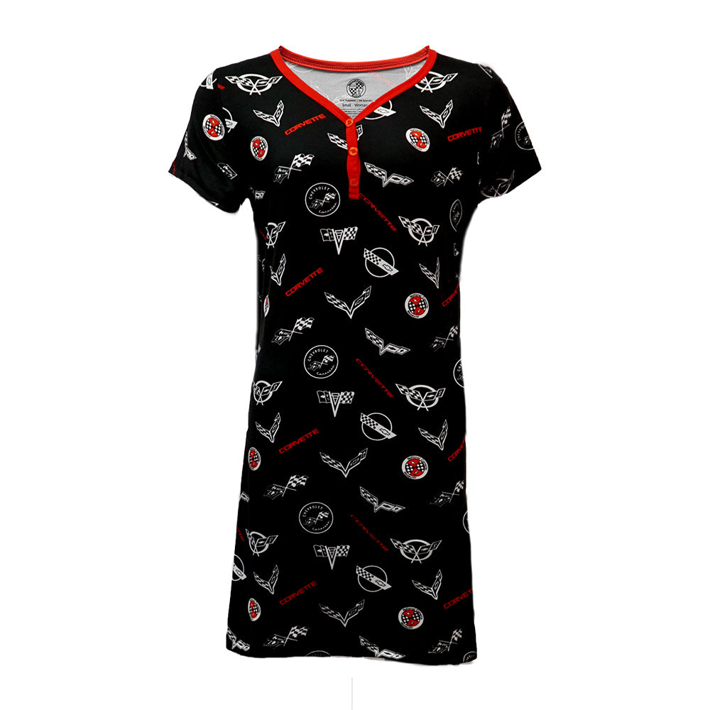 Corvette nightshirt in black with an all over Corvette emblems print shown on a white background