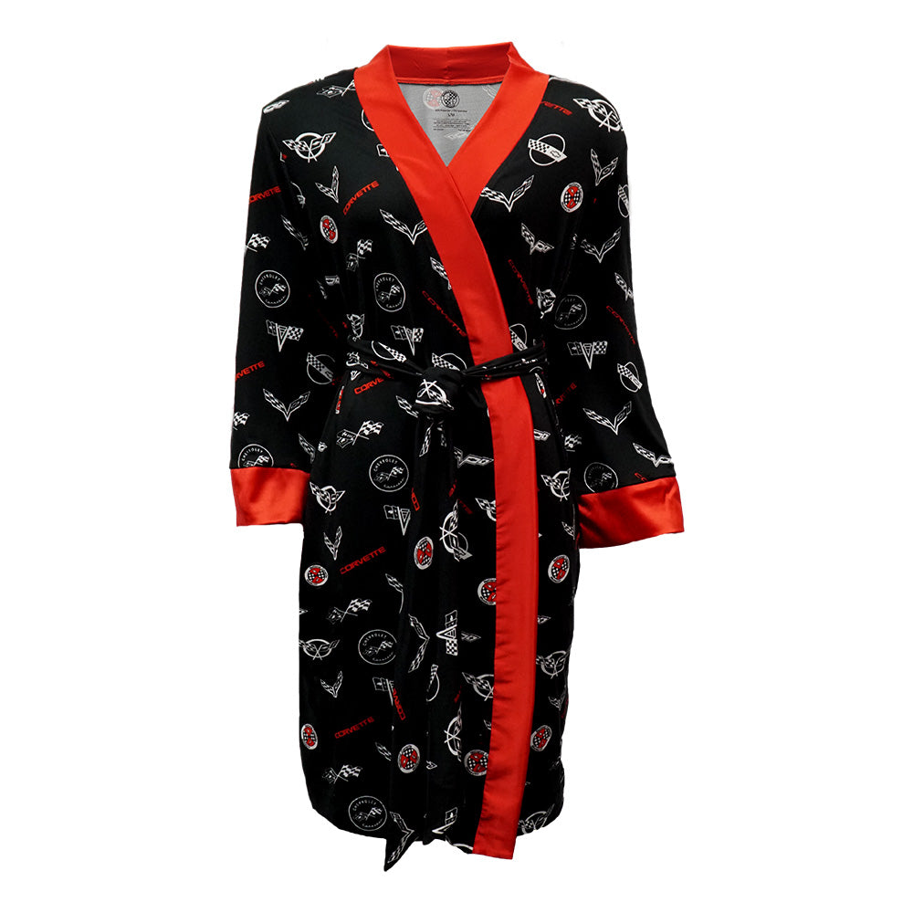Black robe with red trim and an all over Corvette emblems pattern on a white background