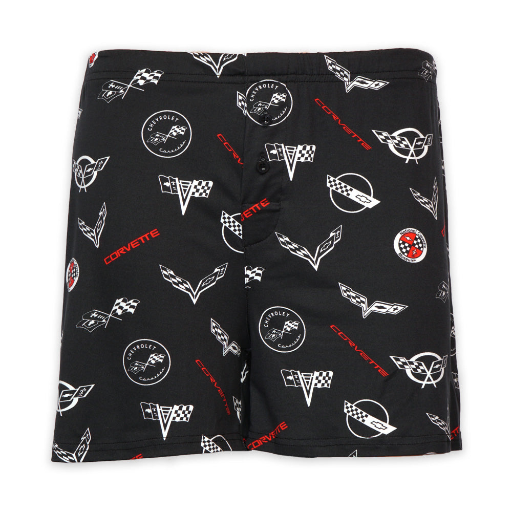 Black men's boxer shorts with a Corvette emblem pattern shown on a white background