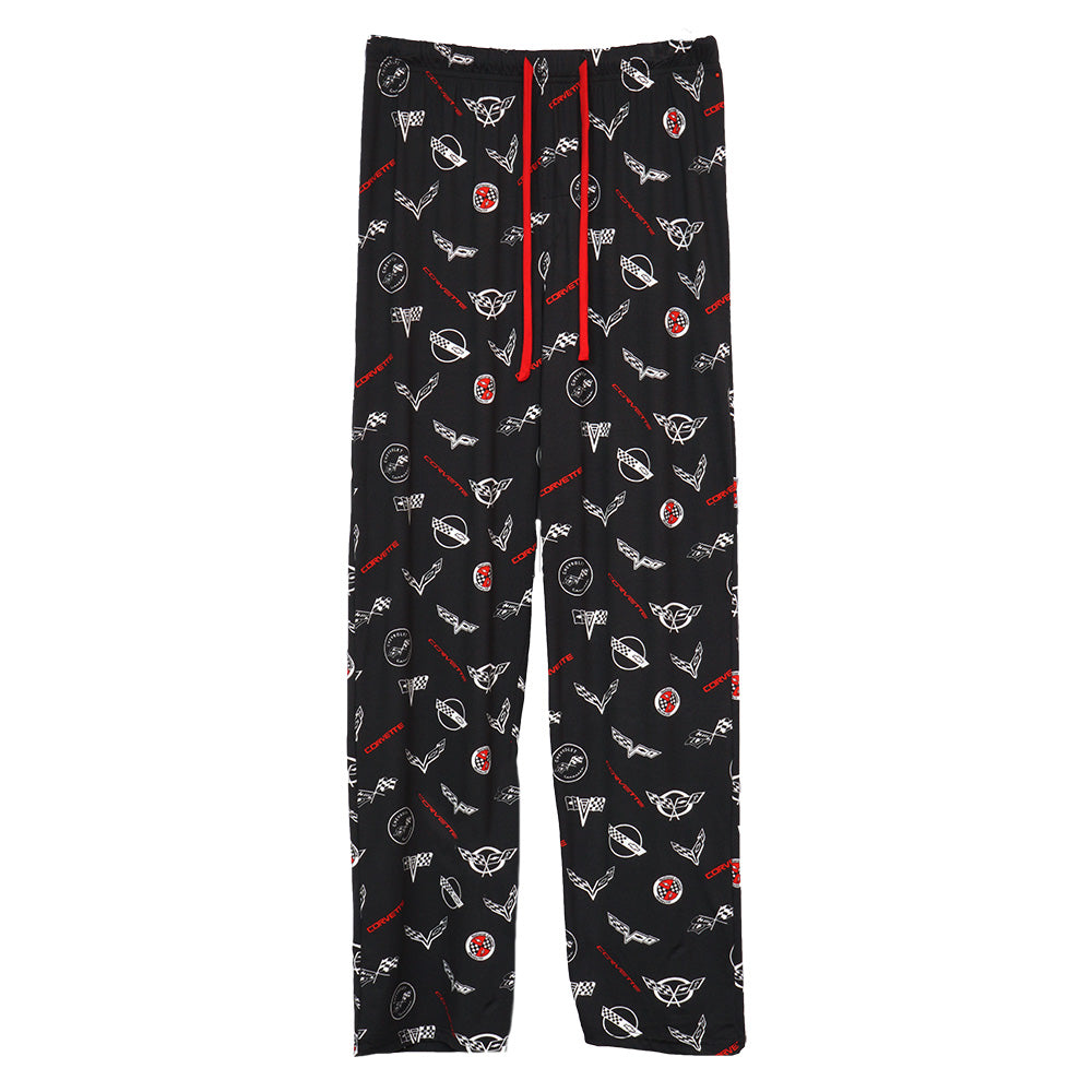 Men's black Corvette lounge pants with an all over Corvette emblems print shown on a white background