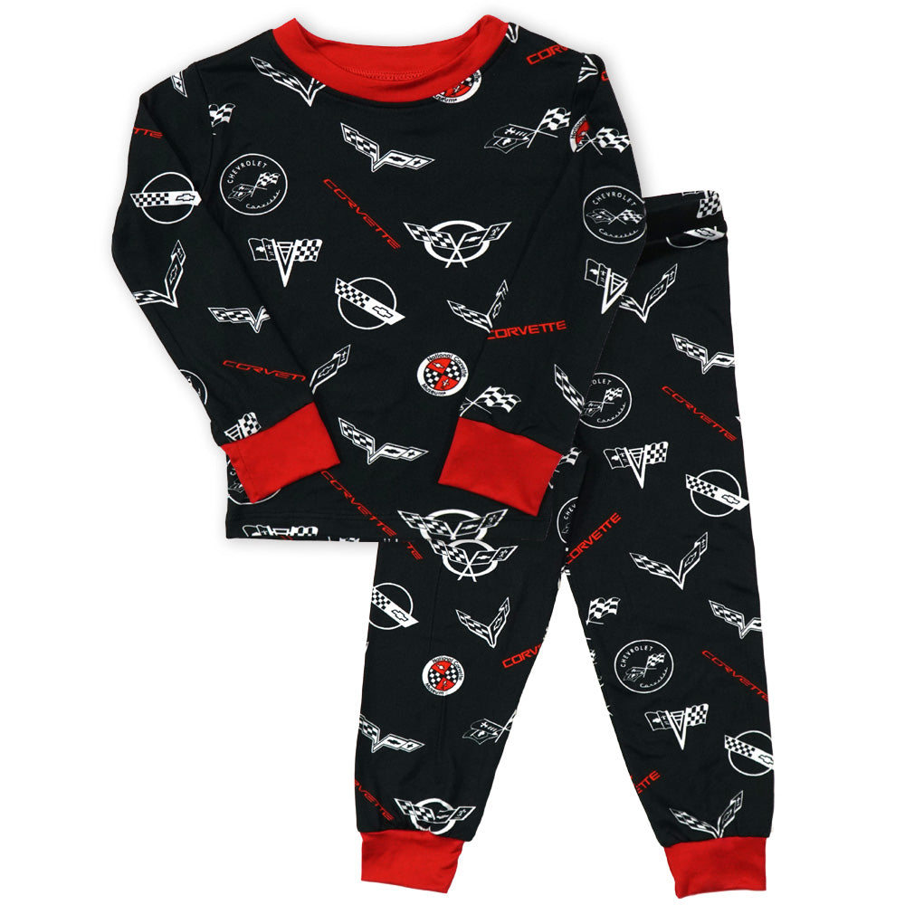 A Toddler sleep set in black with an all over Corvette emblems print shown on a white background
