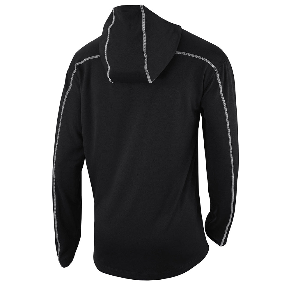 Black hoodie with white contrasst stitching shown from the back on a white background