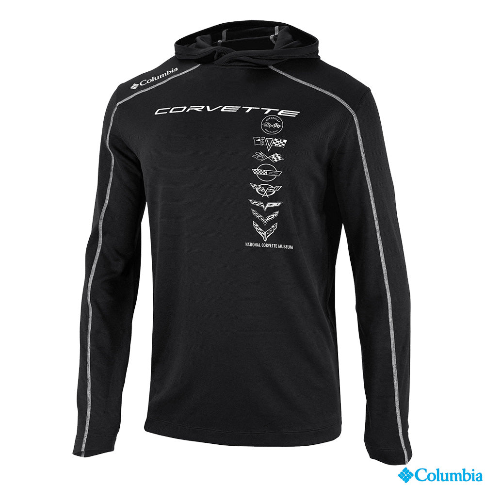 Black hoodie with Corvette script and emblems on the front chest and Columbia branding on a white background