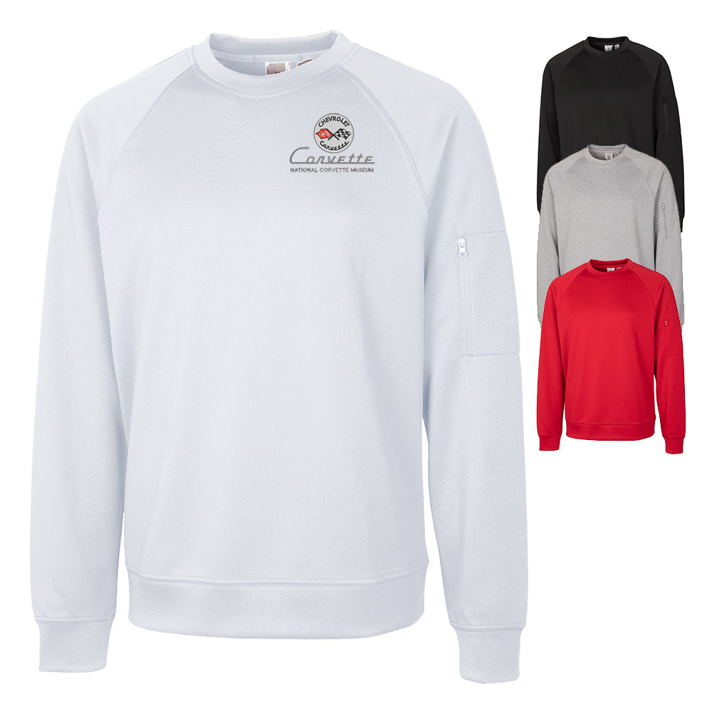 The 1st Generation Corvette Emblem Custom Lift Crewneck Sweatshirt shown in four colors on a white background.