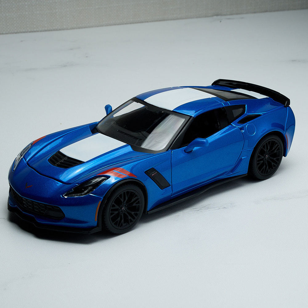 2017 Corvette Blue Grand Sport Diecast Model Sitting on a Table