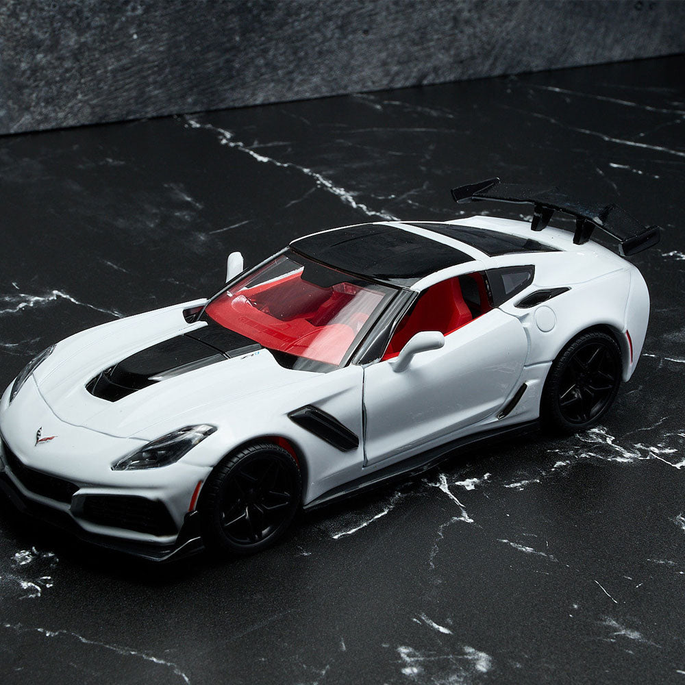 2019 ZR1 White Corvette Diecast Model sitting on a table