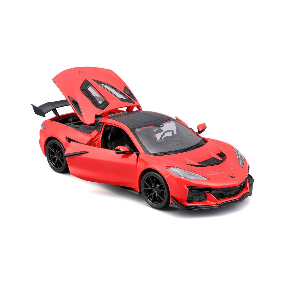 The 2025 Corvette ZR1 1:24 Diecast Model in Torch Red shown with the doors and rear hatch open on a white background.