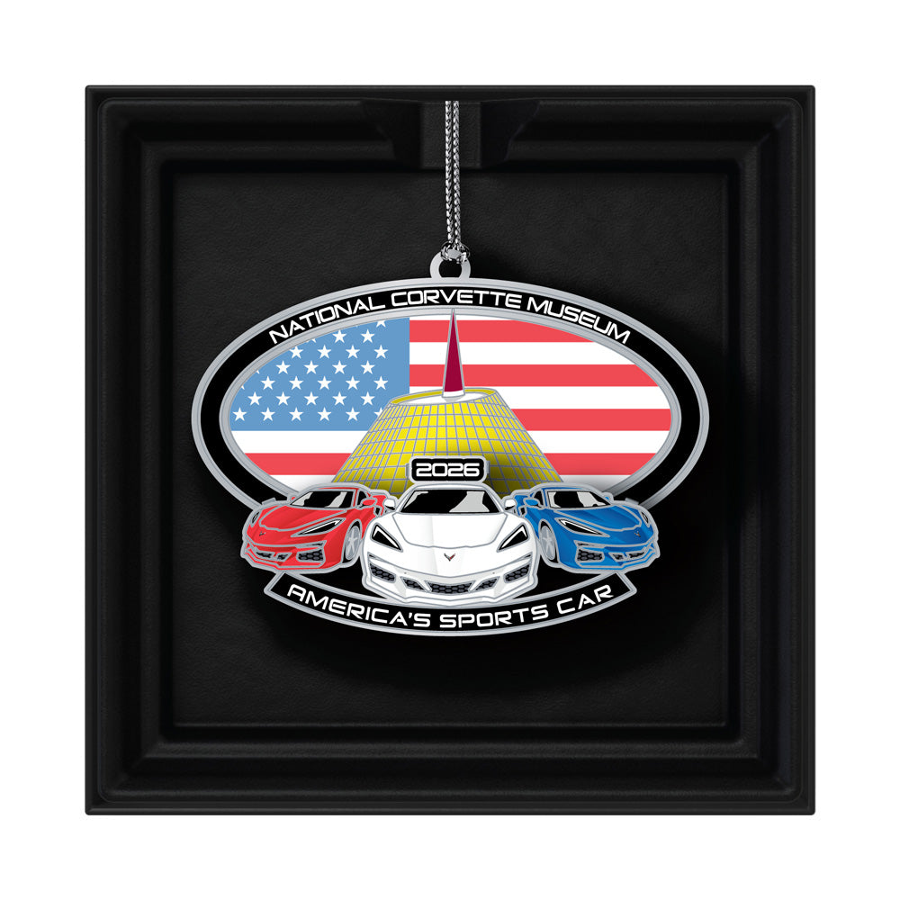 2026 National Corvette Museum Collectors Ornament shown in a black box