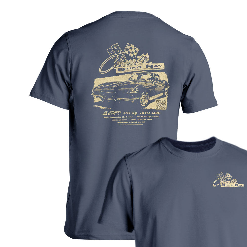 A navy blue short-sleeve t-shirt shown from the back, with a large vintage-style Corvette Sting Ray graphic in beige. A smaller front-view inset of the same shirt appears in the lower right corner, showing a small matching beige chest graphic.