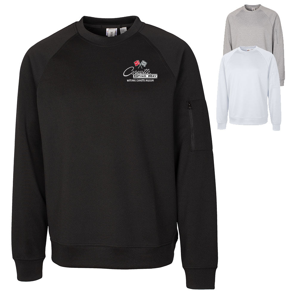 The 2nd Generation Corvette Emblem Custom Lift Crewneck Sweatshirt shown in Black, Gray and White on a white background.
