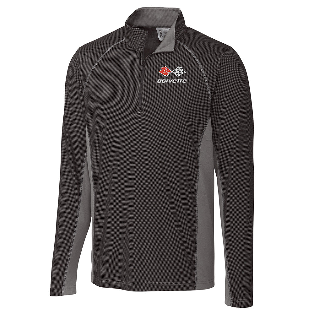 Black and gray long-sleeve quarter zip pullover shirt with a C3 Corvette logo on a white background