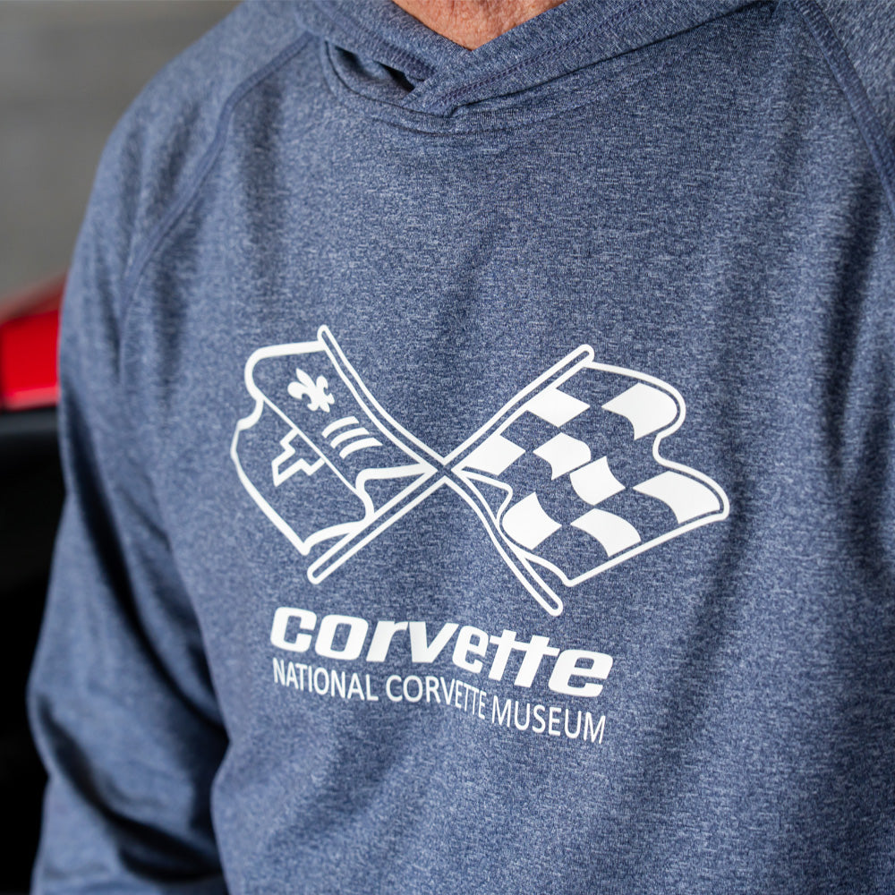 Blue hoodie with C3 Corvette National Corvette Museum logo in white on the full front chest on a blurred background