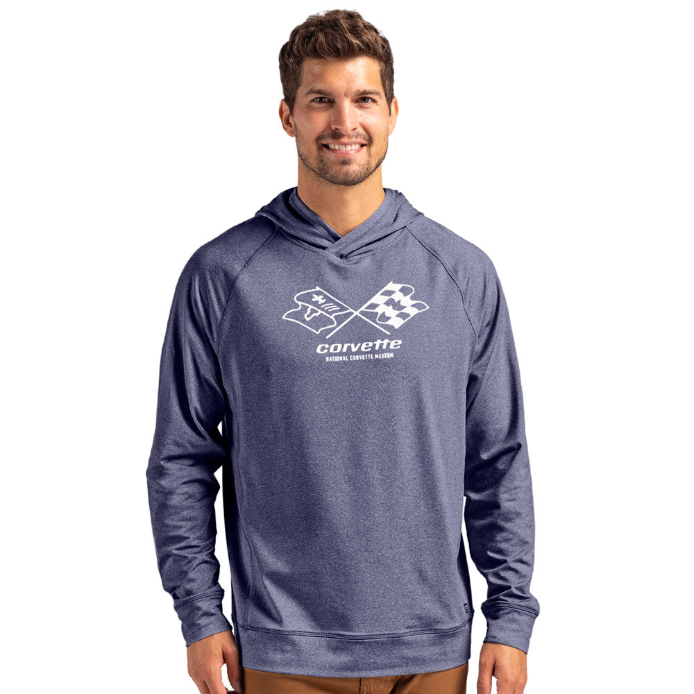 Man wearing a heather navy blue hoodie with a C3 Corvette logo across the front on a white background