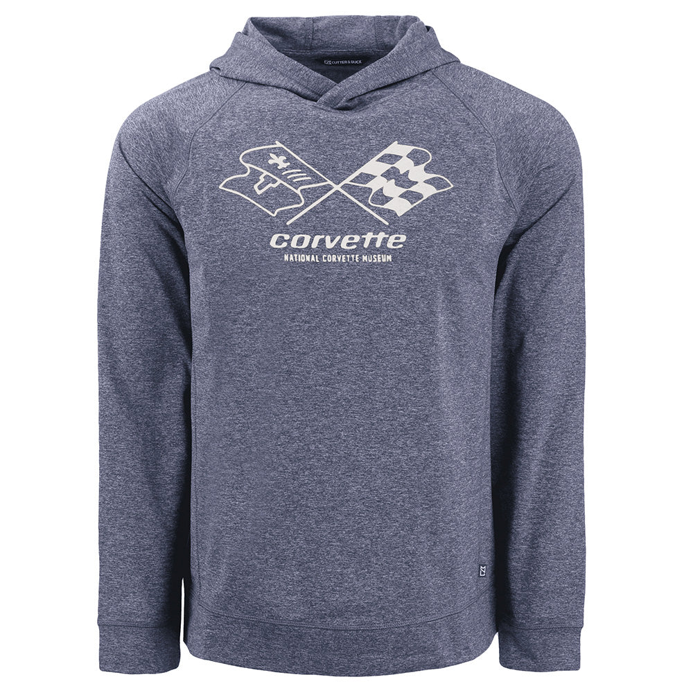 Navy blue hooded pullover with the C3 Corvette emblem screen printed on the full front chest shown on a white background