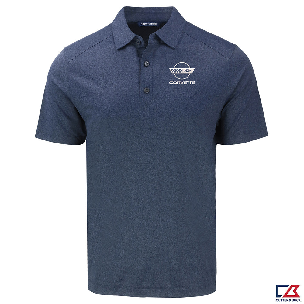 Navy blue polo shirt with C4 Corvette logo on a white background
