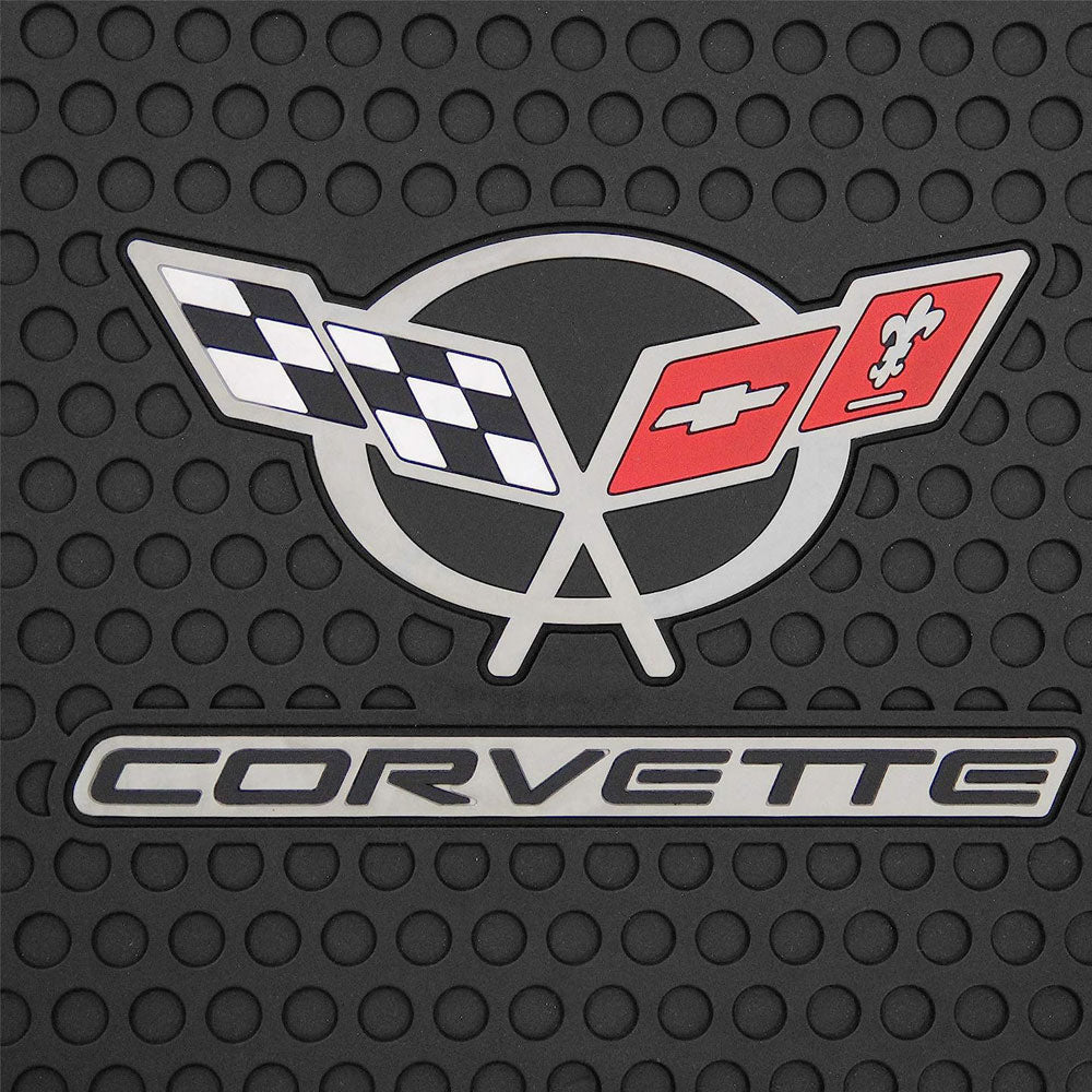 The 5th Generation Corvette Emblem All-Season Rubber Floor Mats showing a close up of the emblem