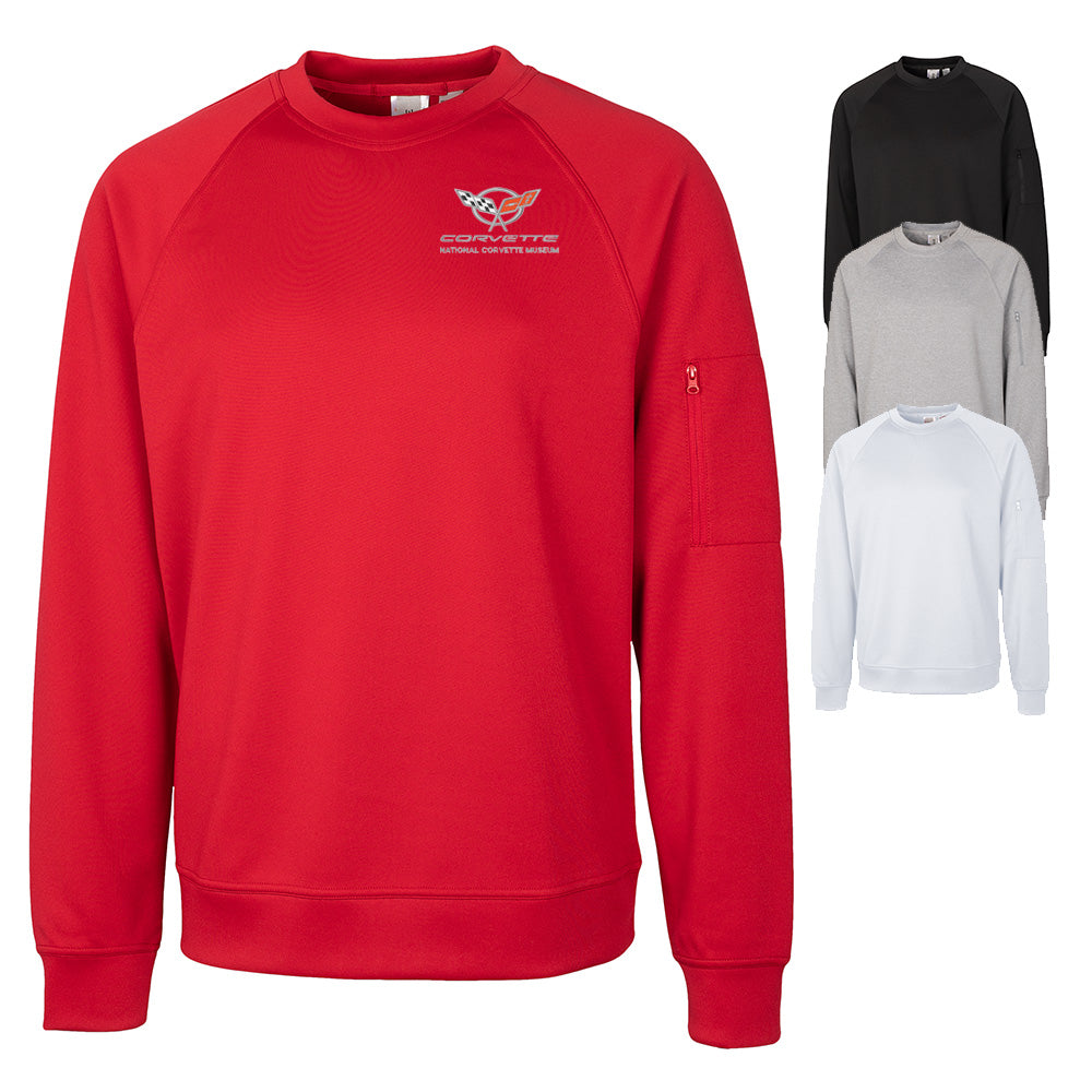 The 5th Generation Corvette Emblem Custom Lift Crewneck Sweatshirt shown in four colors on a white background