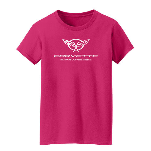 5th Generation Corvette Emblem Ladies' Crew Neck Top Peppermint Pink shown on a white background.
