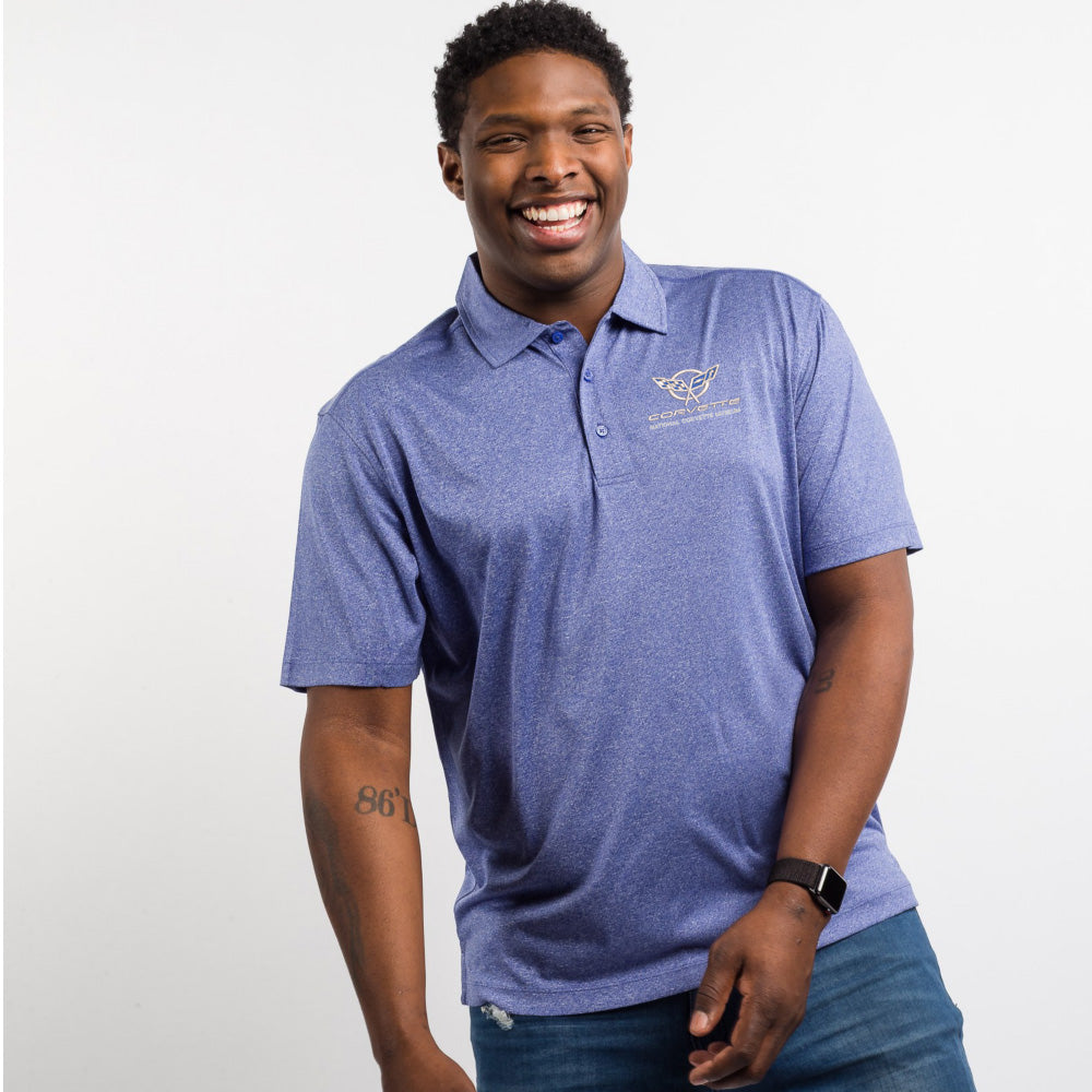 Man wearing a heather blue polo shirt with a C5 Corvette emblem on a white background