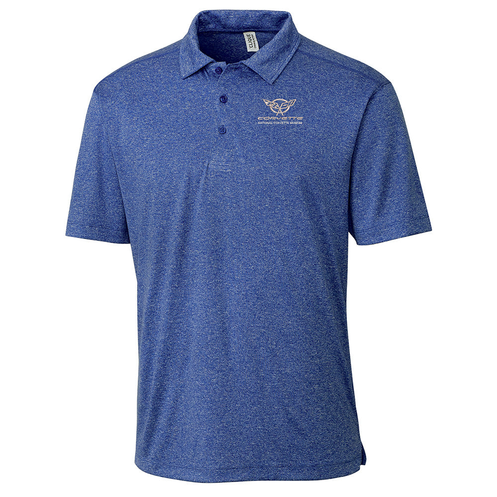 Heather blue polo shirt with a C5 Corvette emblem shown on a white background