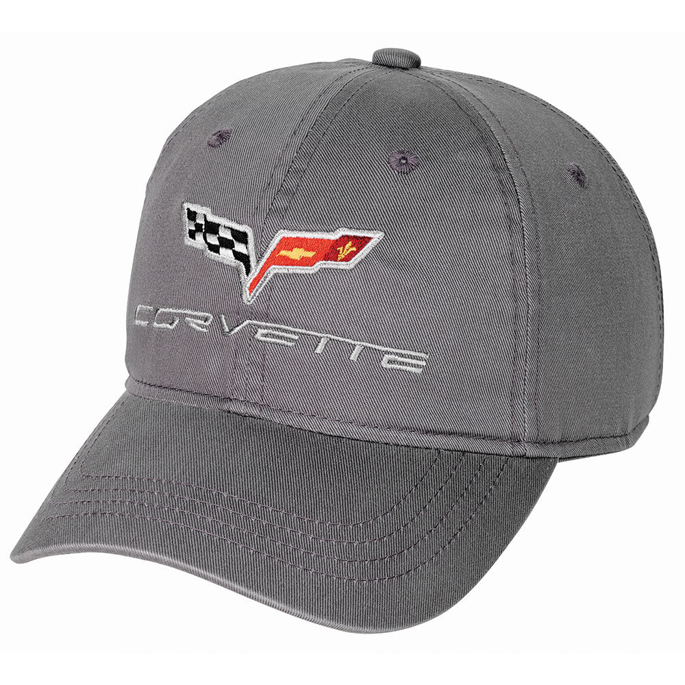 A garment washed gray baseball cap featuring the C6 Corvette emblem shown on a white background.