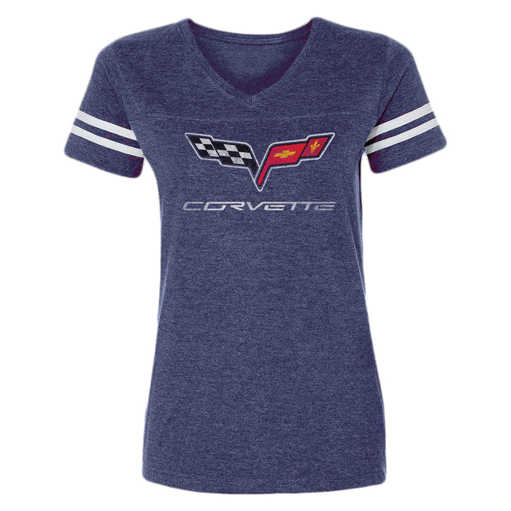 6th Generation Corvette Emblem Ladies' Navy Football Jersey Top shown on a white background.