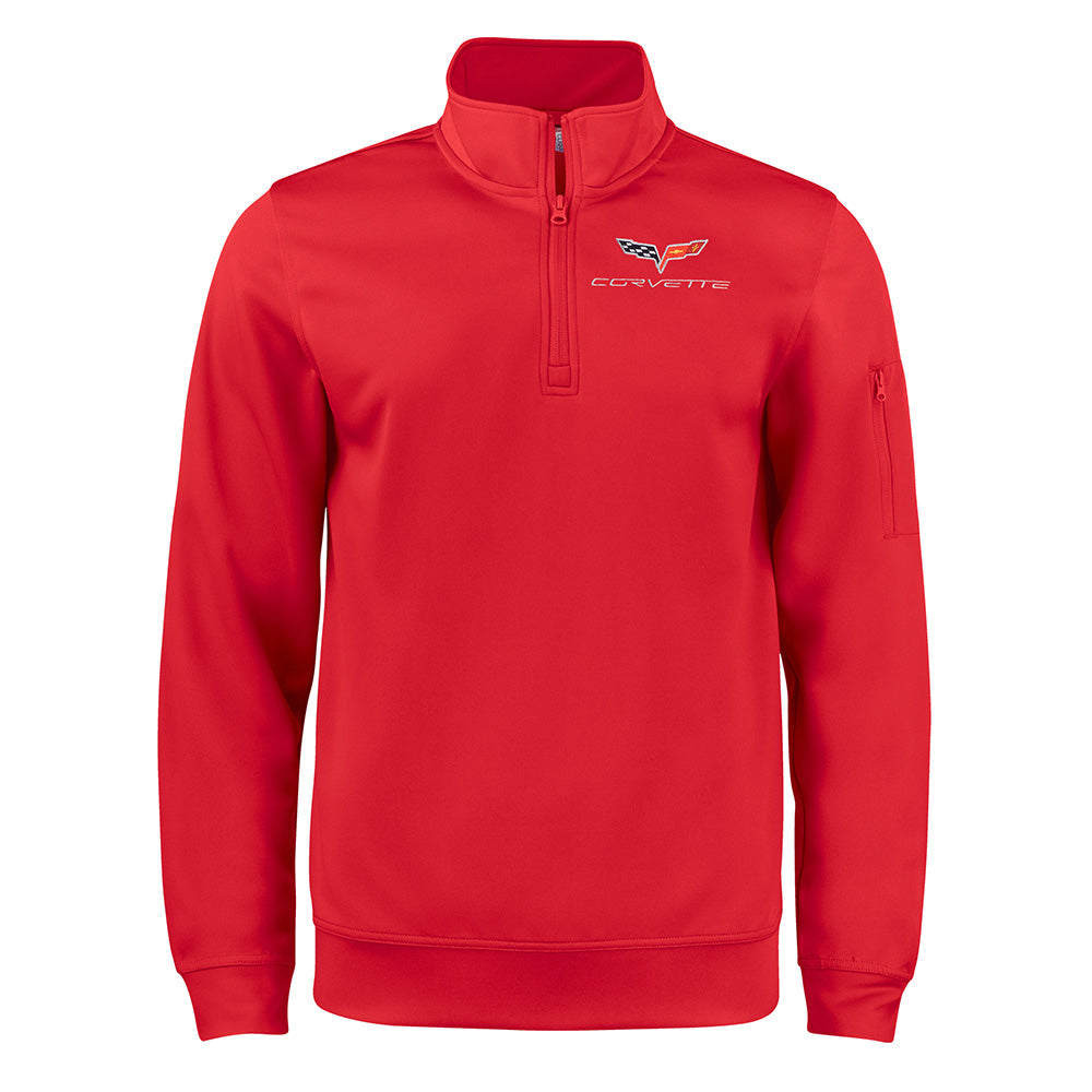 A red quarter zip pullover with the C6 Corvette logo shown on a white background