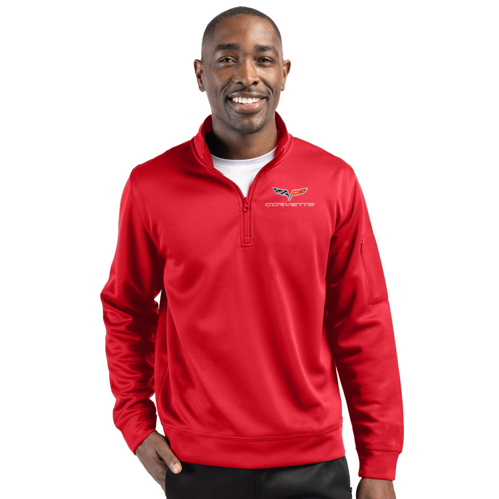 Man wearing a red quarter-zip sweatshirt with a C6 Corvette logo on a white background