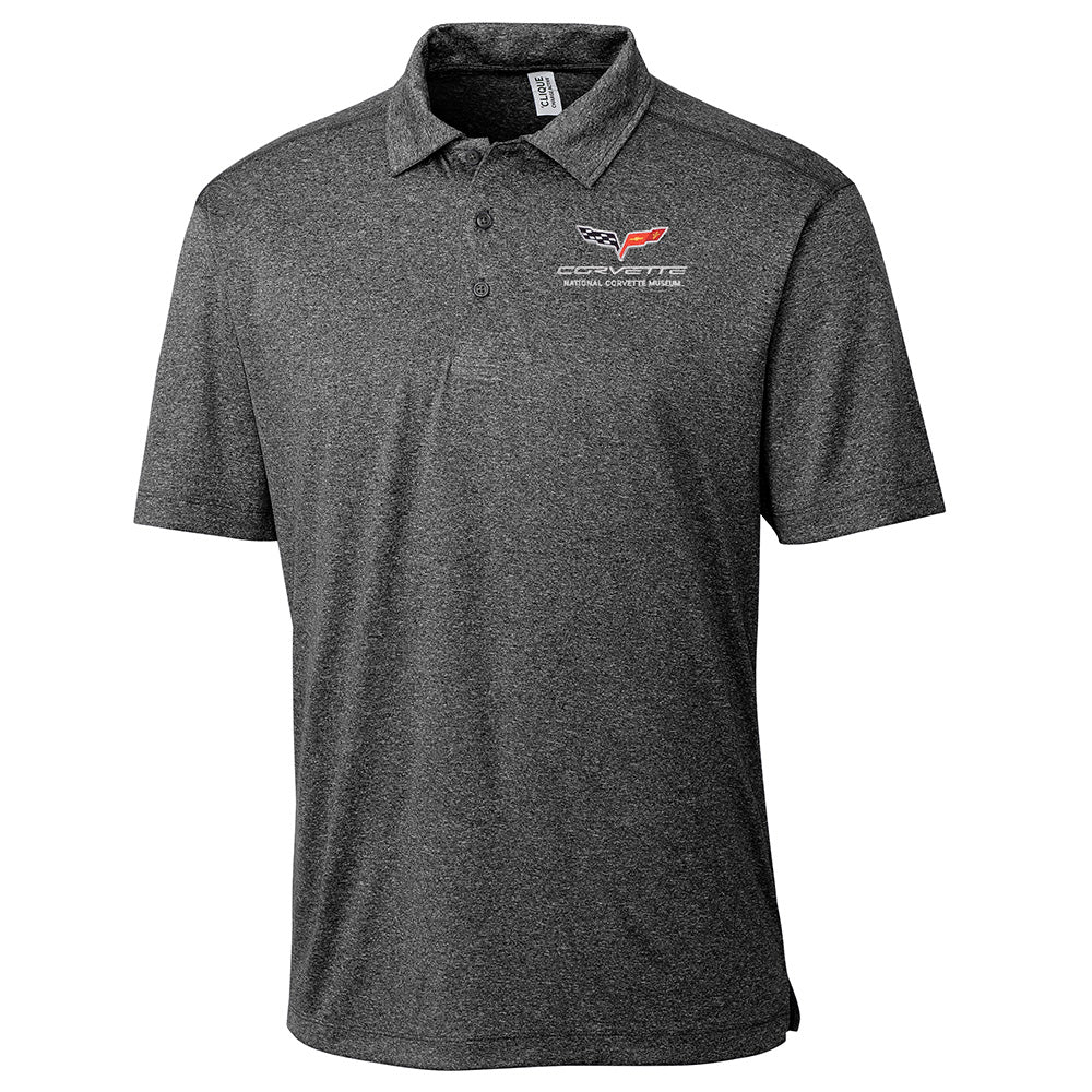 Heather black polo with the C6 Corvette emblem on the left chest shown on a white background