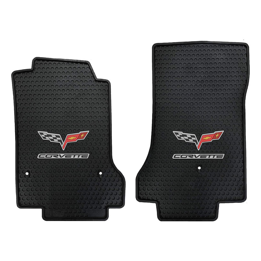 The 6th Generation Corvette Emblem Signature Rubber Floor Mats shown on a white background