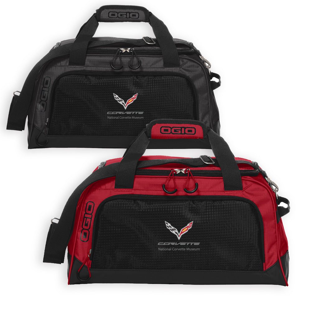 Black and red duffel bags with Ogio and C7 Corvette logos on a white background