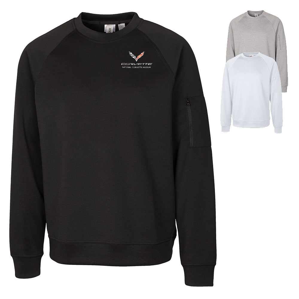 The 7th Generation Corvette Emblem Custom Lift Crewneck Sweatshirt shown in black, white and gray on a white background.