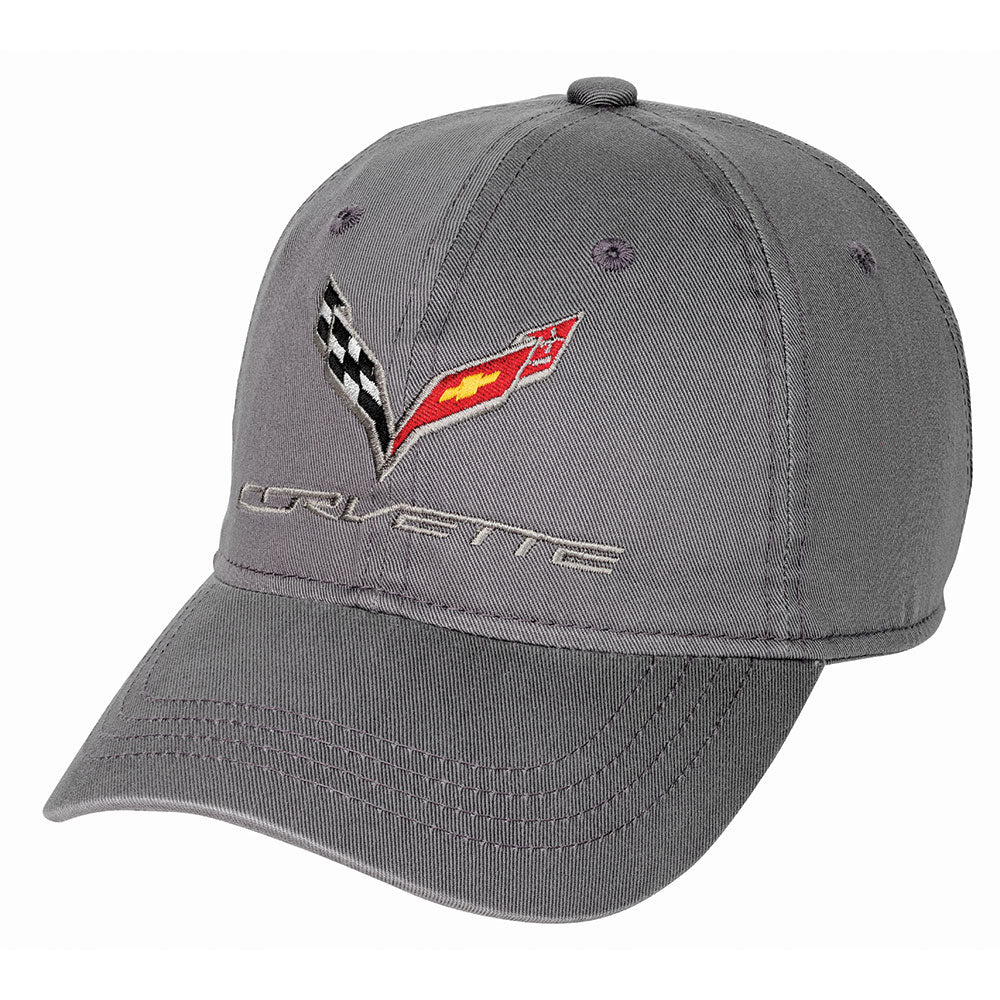 Garment washed gray baseball cap embroidered with the C7 Corvette emblem shown on a white background.