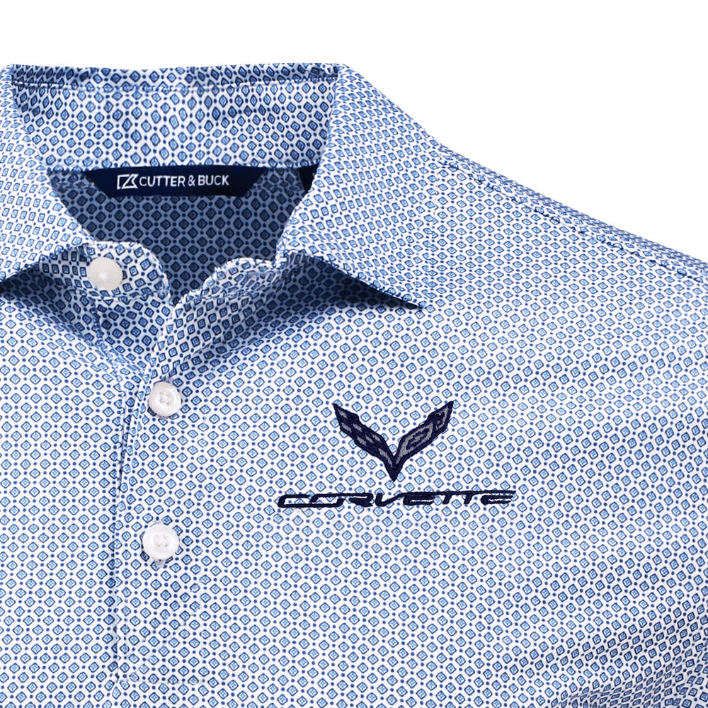 Cutter & Buck Corvette polo shirt with patterned design and the C7 Corvette emblem on a white background