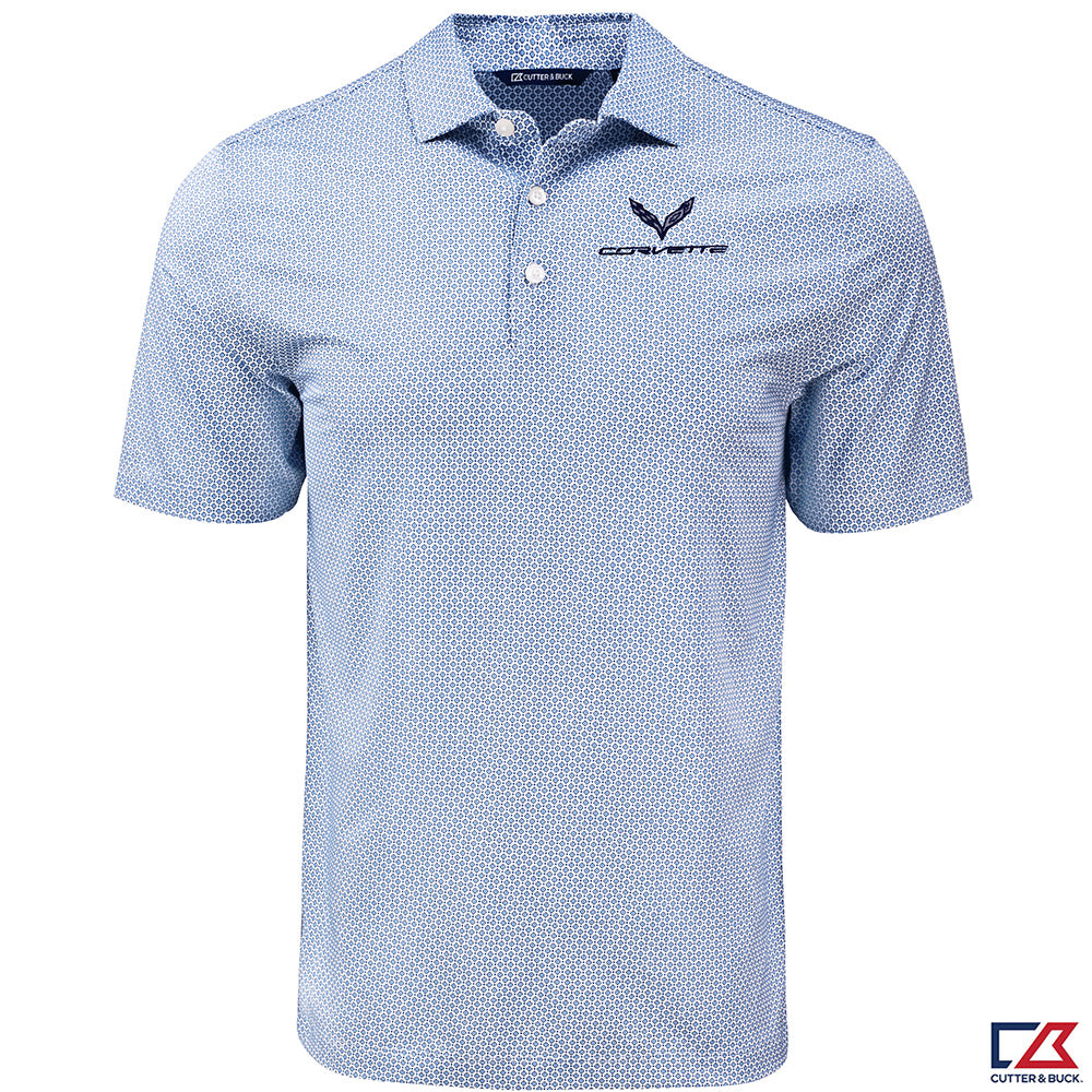 Blue patterned polo shirt with a C7 Corvette logo on the left chest shown on a white background
