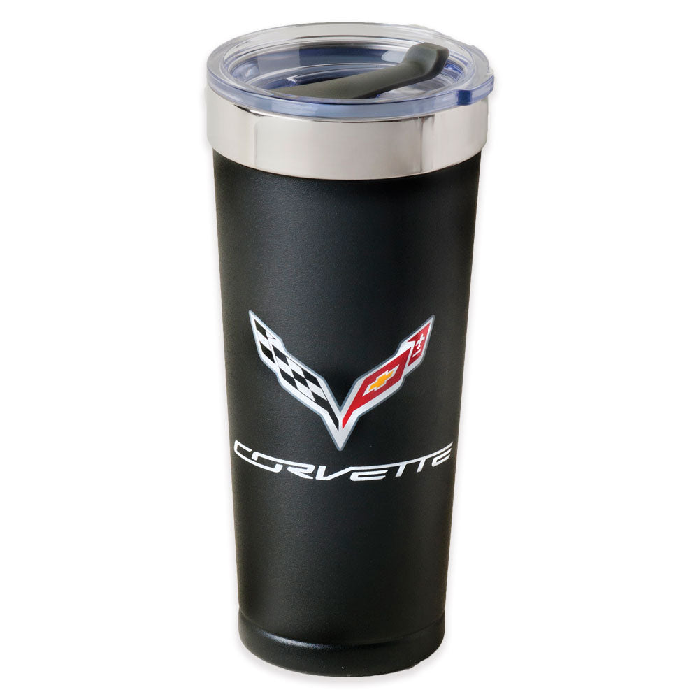 Black tumbler with a C7 Corvette logo shown on a white background
