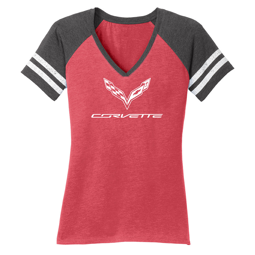 C7Corvette Ladies Heathered Gray and Red Football Top