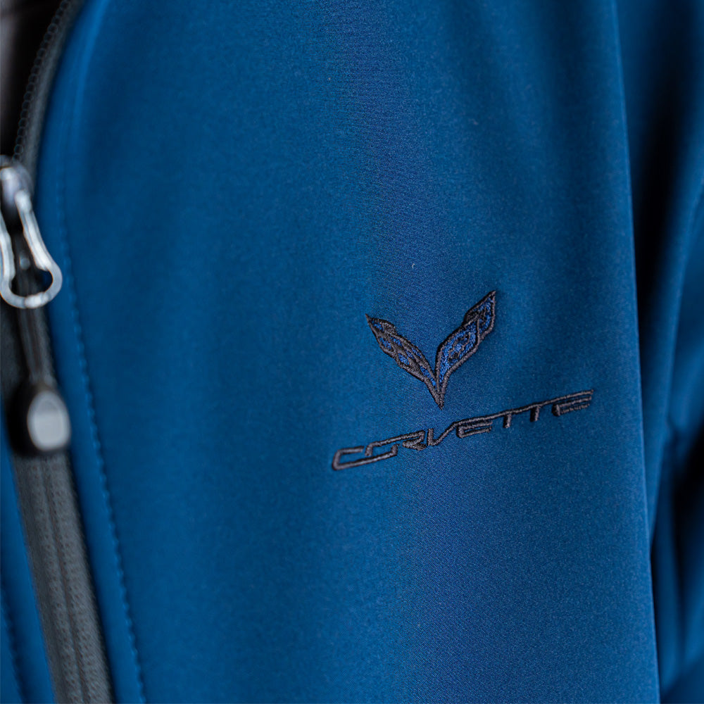 Close-up of the C7 Corvette emblem on navy blue jacket.
