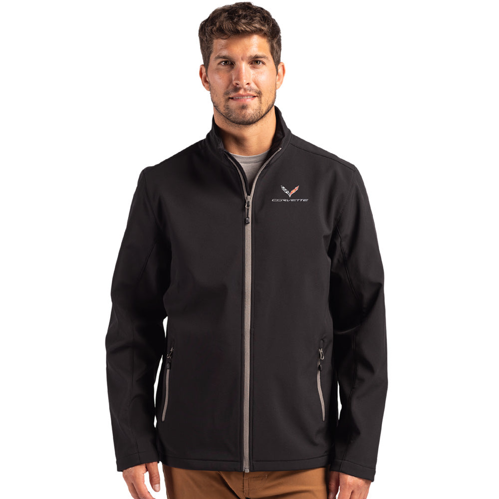 Man wearing a black jacket with a lC7 Corvette logo on a white background