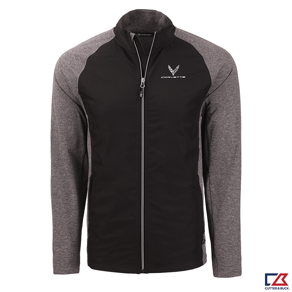 Black and gray jacket with a C8 Corvette logo on the left chest shown on a white background