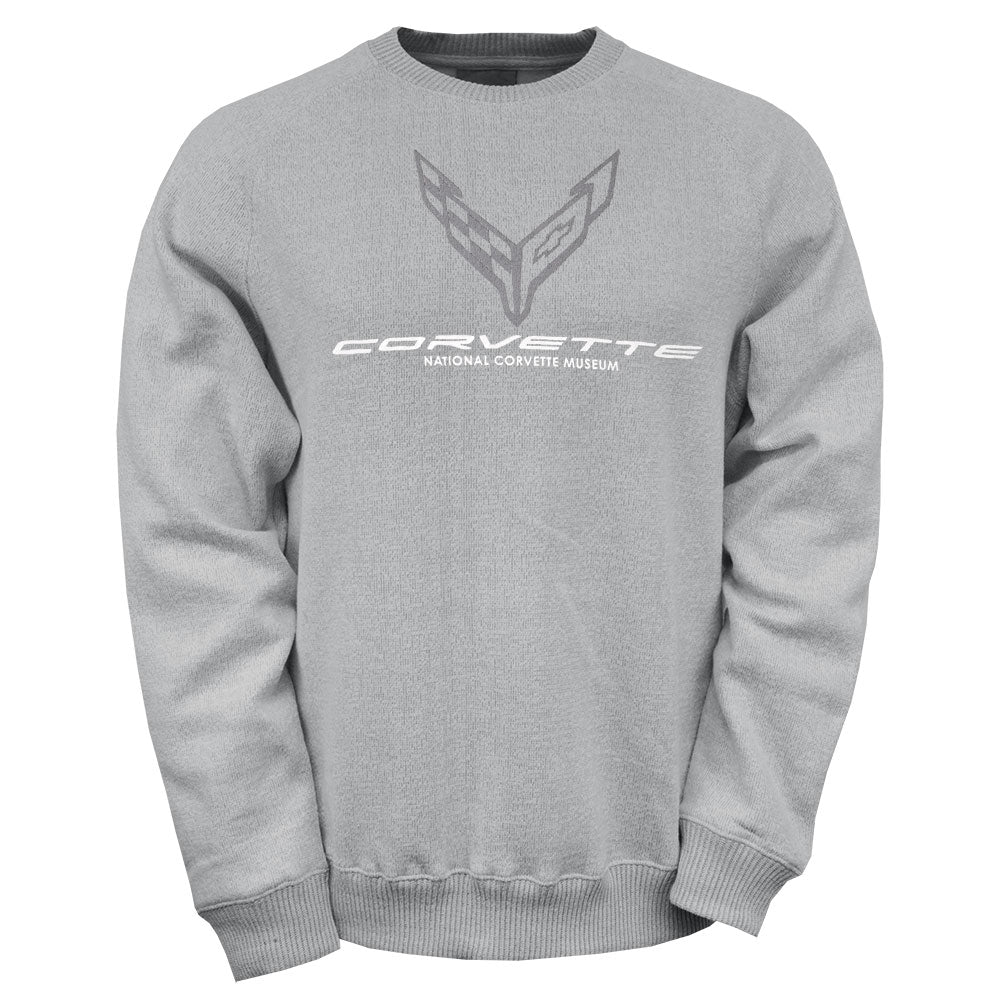 Light gray crewneck pullover with a C8 Corvette emblem on the front shown on a white background.