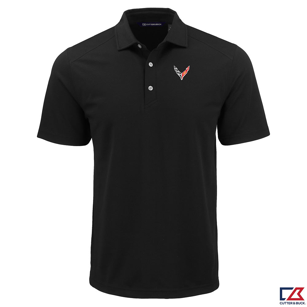 Black polo shirt with a C8 Corvette logo on a white background