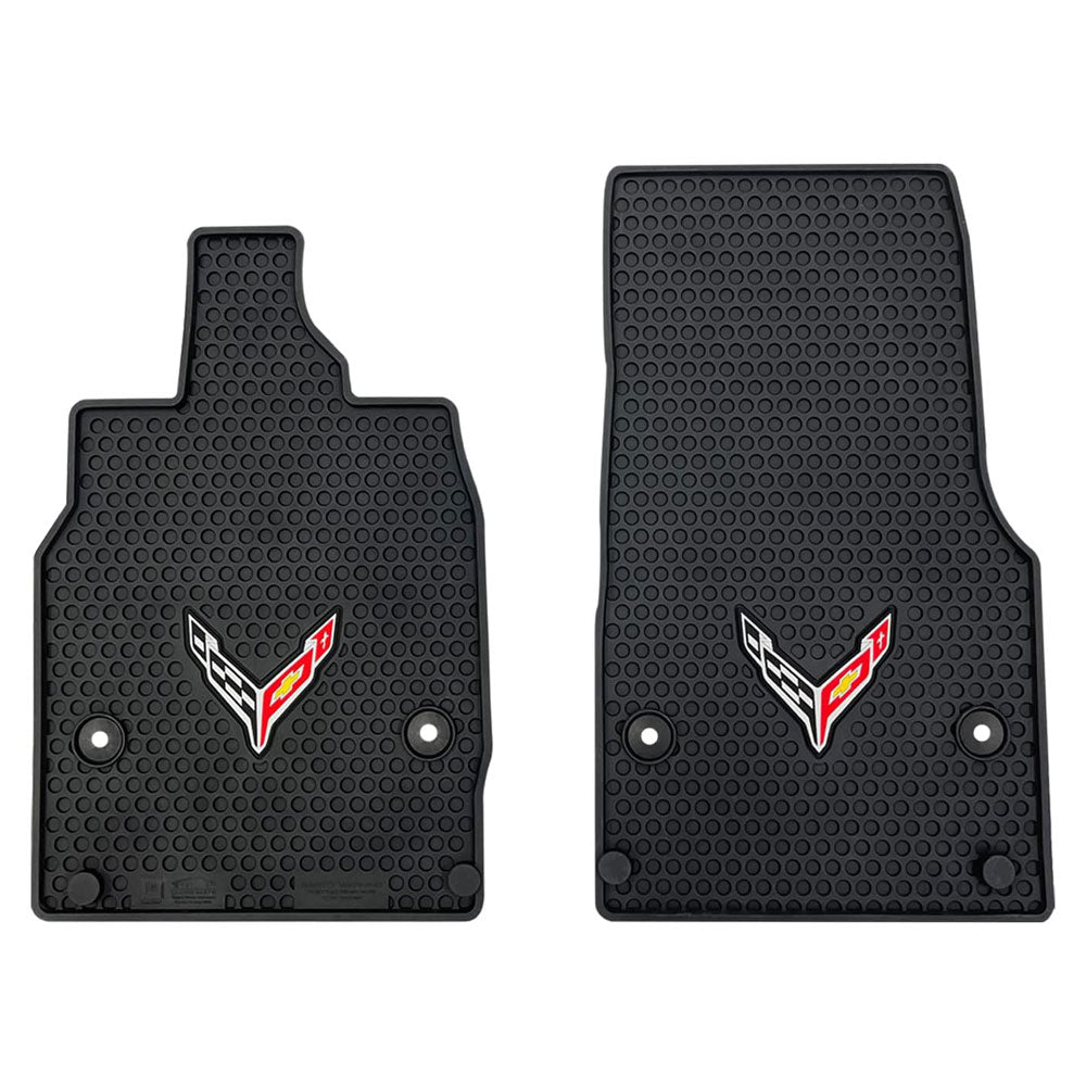 Two black rubber car floor mats with a C8 logo on a white background