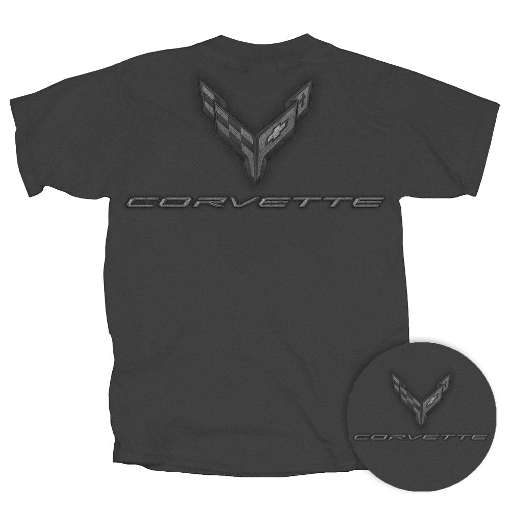 Charcoal gray t-shirt with a tonal Gray C8 Corvette logo on the back and a small C8 logo on the front left chest