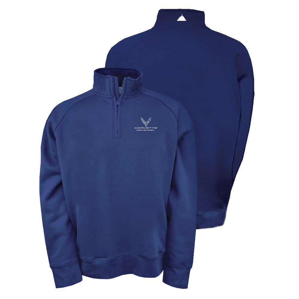 Navy blue quarter-zip sweatshirt shown from front with a C8 Corvette emblem on the left chest and back on a white background