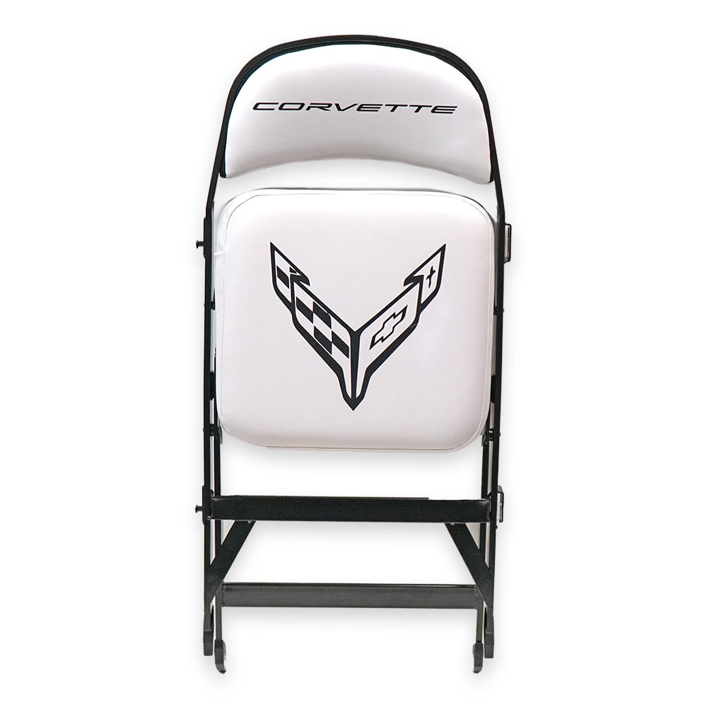 White folding chair with a C8 Corvette logo on a white background